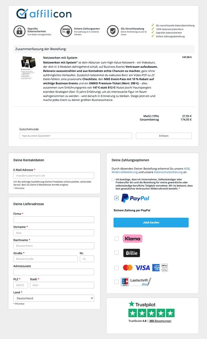 Ein affilicon-Bestellformular: Produktübersicht, Kontaktdaten, Lieferadresse und Zahlungsoptionen mit PayPal, Klarna, Billie, Kreditkarte und Lastschrift